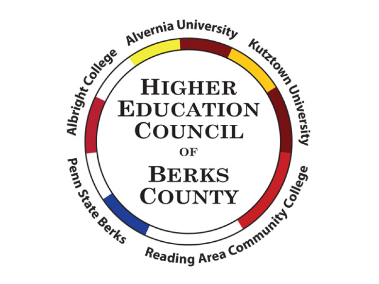 Graphic reading "Higher Education Council of Berks County" with circle around it and names of schools in council